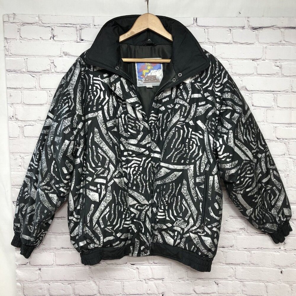 Womens Vtg GSL Ski Wear Black Silver Snow Winter Coat Sz Large